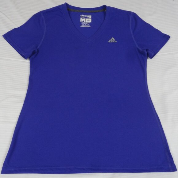 ADIDAS 3 STRIPES LOGO BLUE V-NECK ATHLETIC MEDIUM WOMENS T-SHIRT L14 - Picture 1 of 4